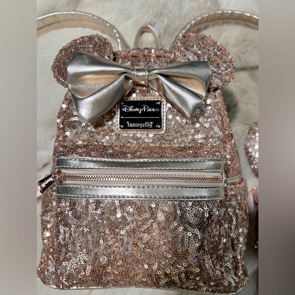 Rose Gold Minnie Mouse Disney sequin backpack and ears set.